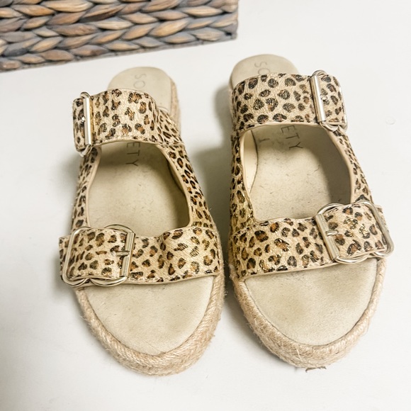 Sole Society Calf Hair Leopard Print Gold Shimmer Espadrille Buckle Platform 9.5 - Picture 5 of 9